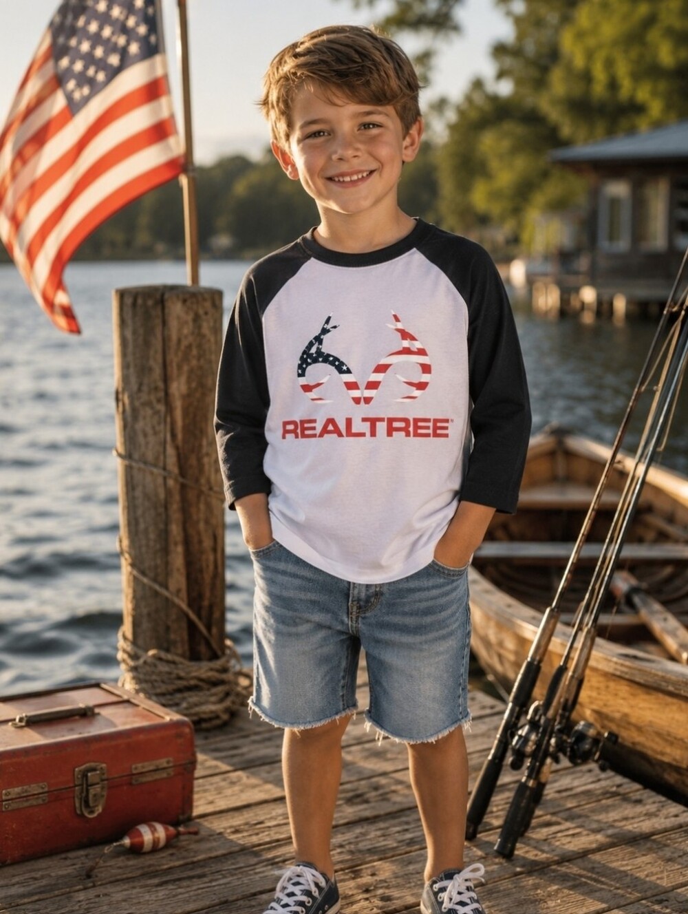 NWT Realtree Youth Small 6-7 Patriotic Flag Logo Raglan T-Shirt Boys Americana